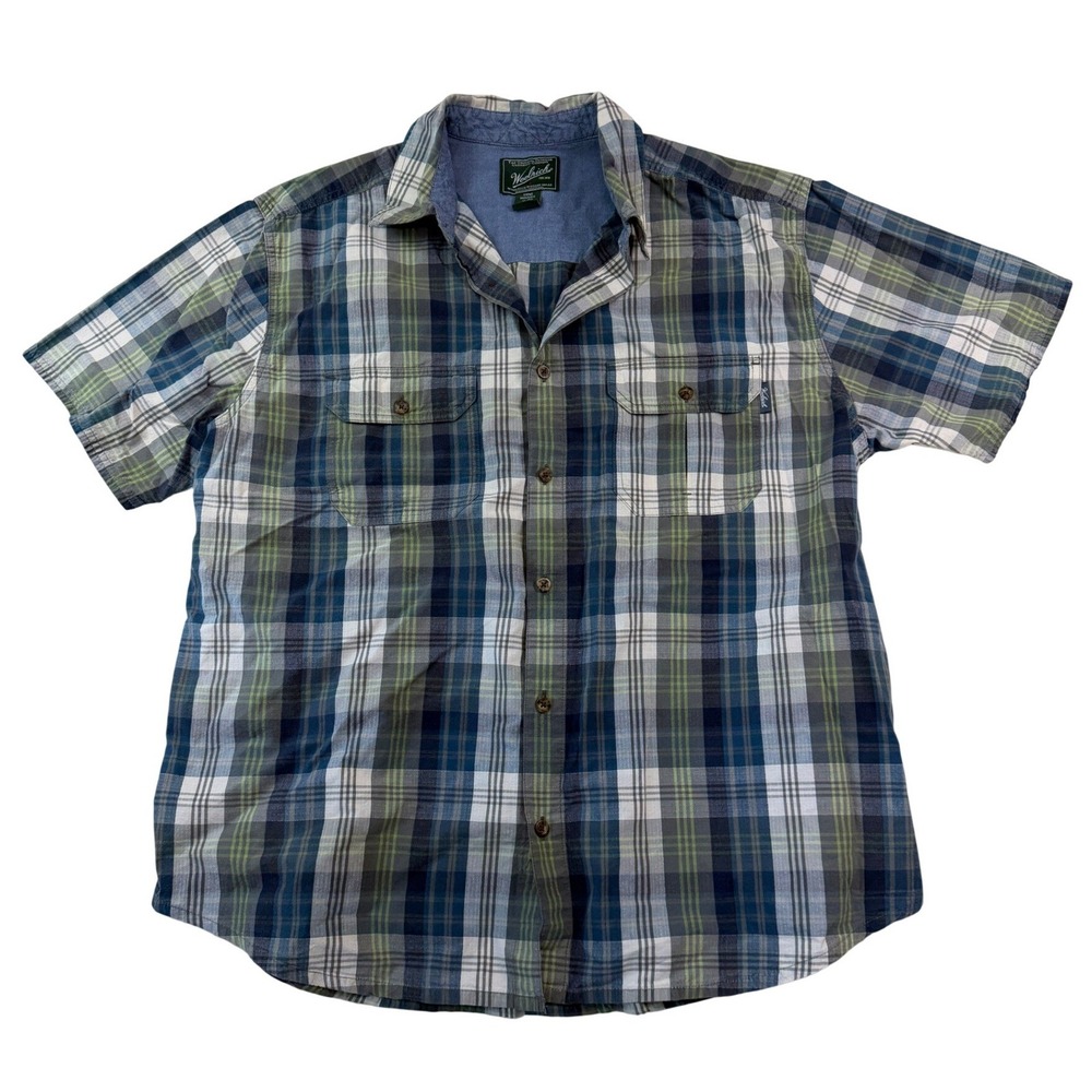 Woolrich Mens XL Plaid Short Sleeve Button Down Shirt Blue Green Cotton 6042